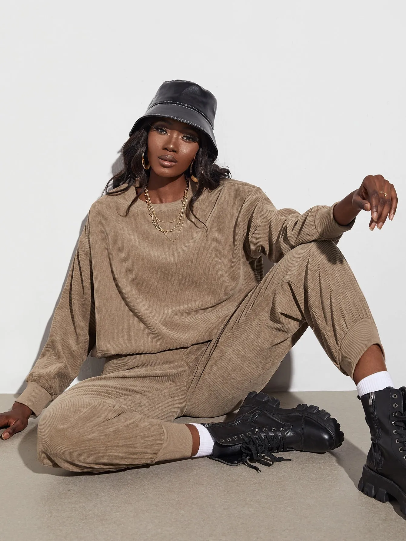 Casual Plain Long Sleeve Round Neck Women Two-Piece Outfits