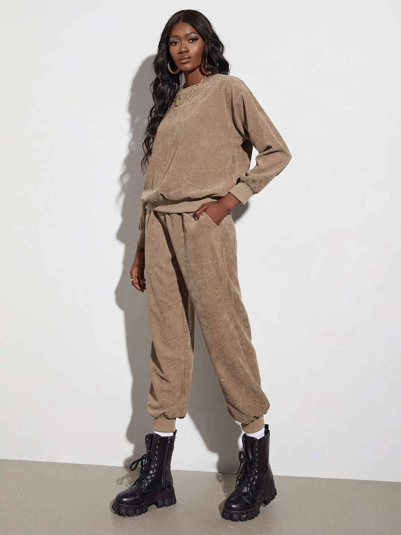 Casual Plain Long Sleeve Round Neck Women Two-Piece Outfits