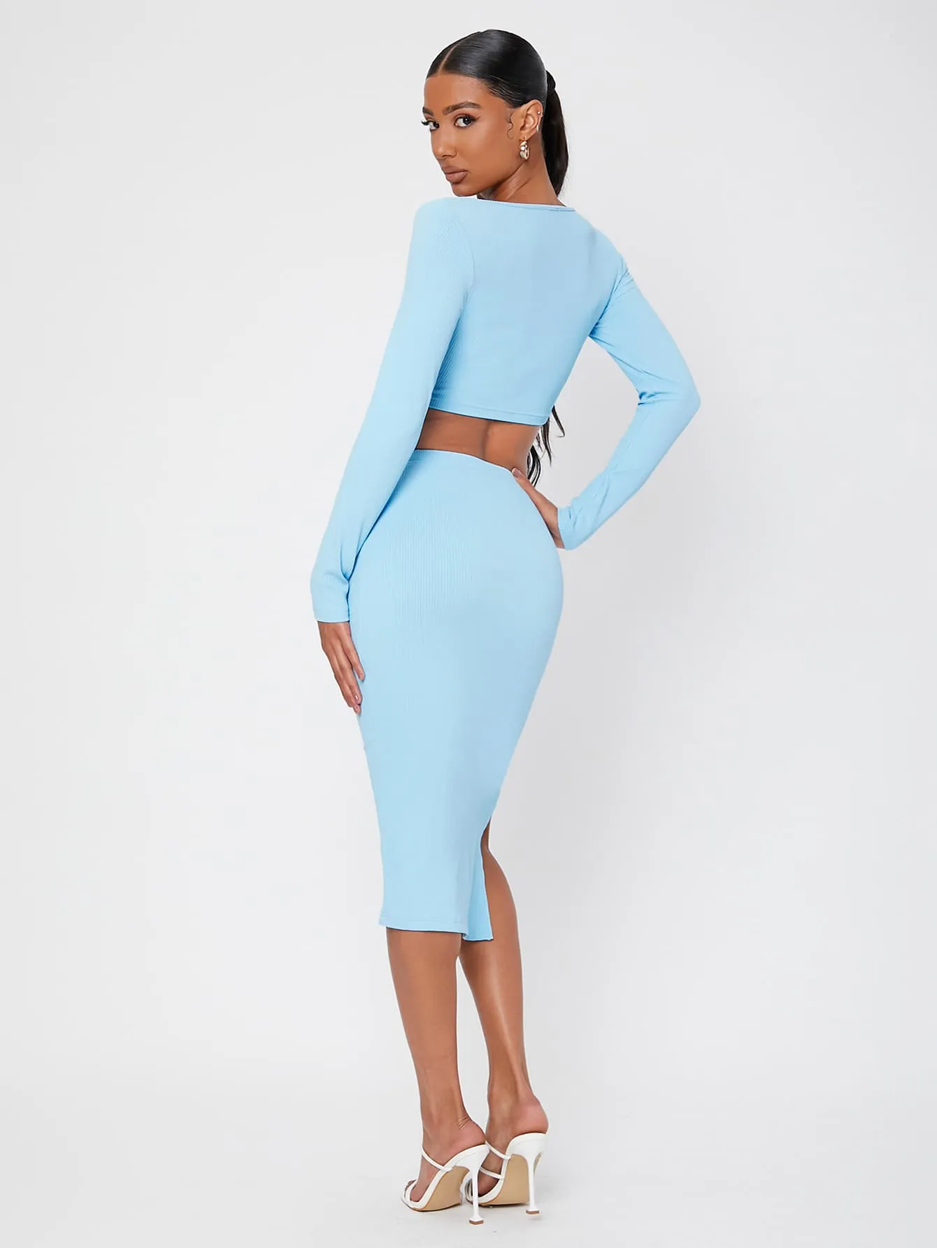 Casual Plain Rib-Knit Long Sleeve Square Neck Women Two-Piece Outfits