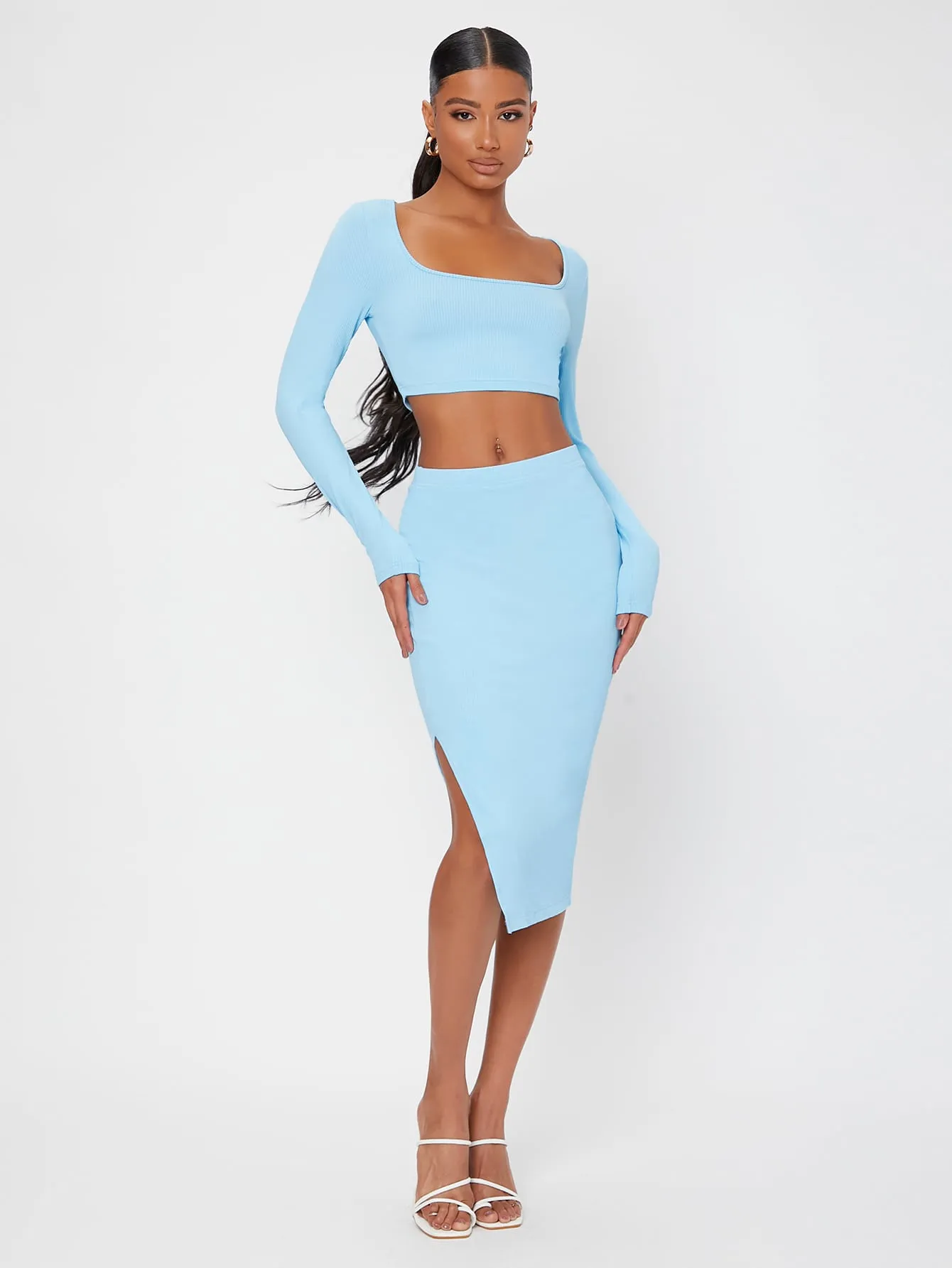 Casual Plain Rib-Knit Long Sleeve Square Neck Women Two-Piece Outfits