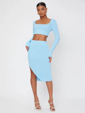 Casual Plain Rib-Knit Long Sleeve Square Neck Women Two-Piece Outfits