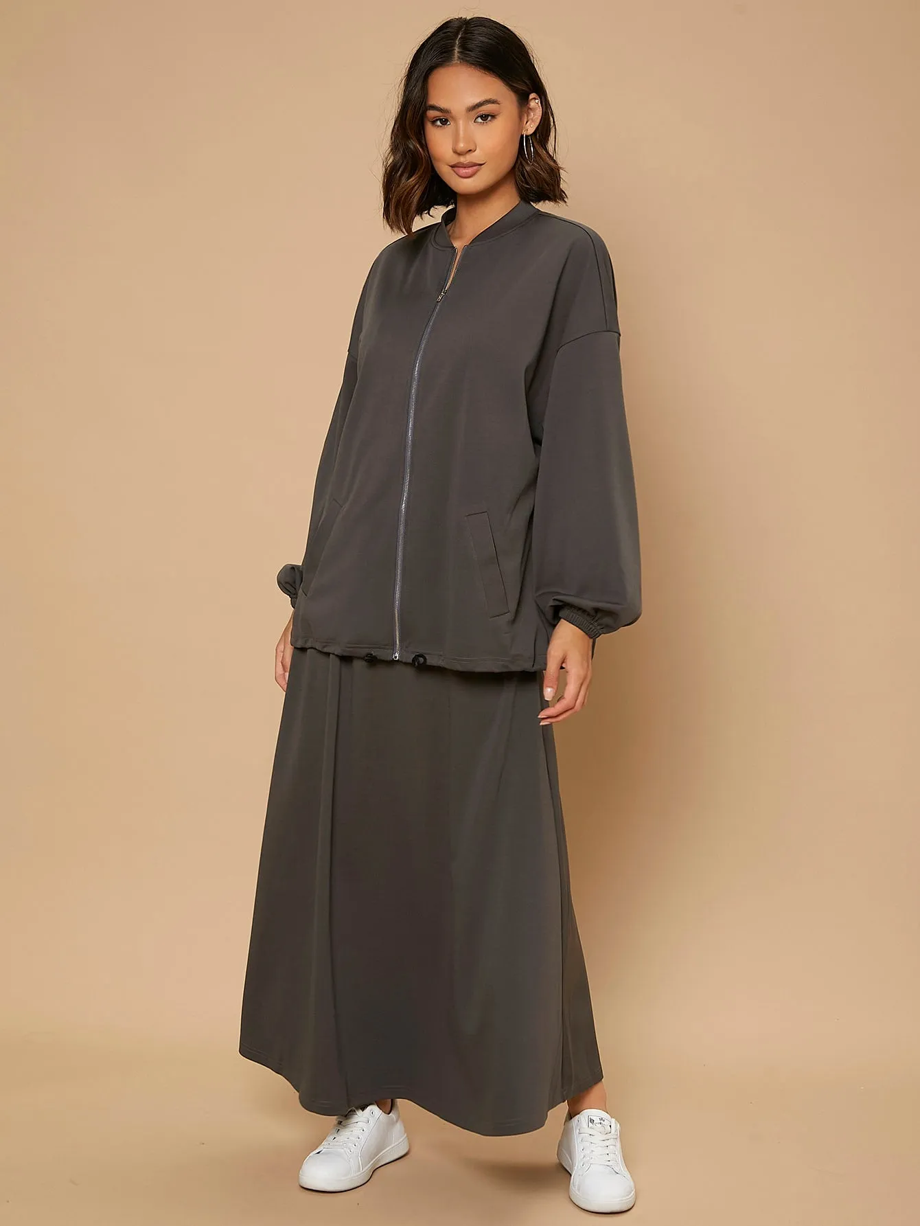 Casual Plain Zipper Long Sleeve Stand Collar Women Two-Piece Outfits