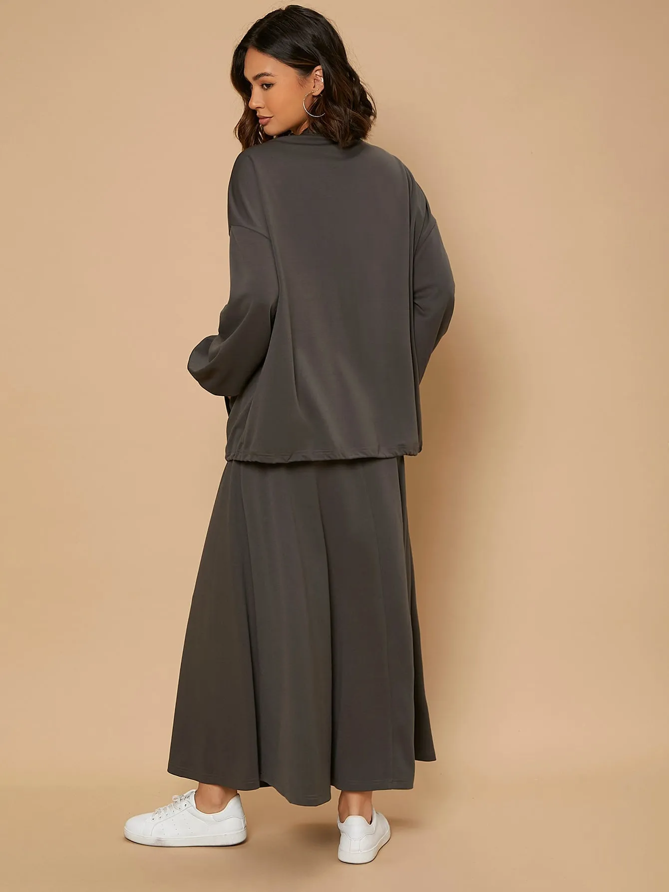 Casual Plain Zipper Long Sleeve Stand Collar Women Two-Piece Outfits