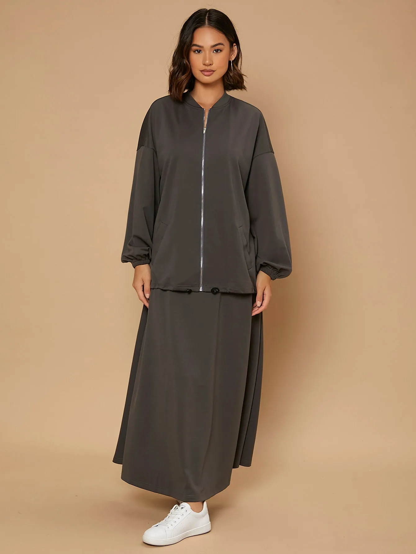 Casual Plain Zipper Long Sleeve Stand Collar Women Two-Piece Outfits