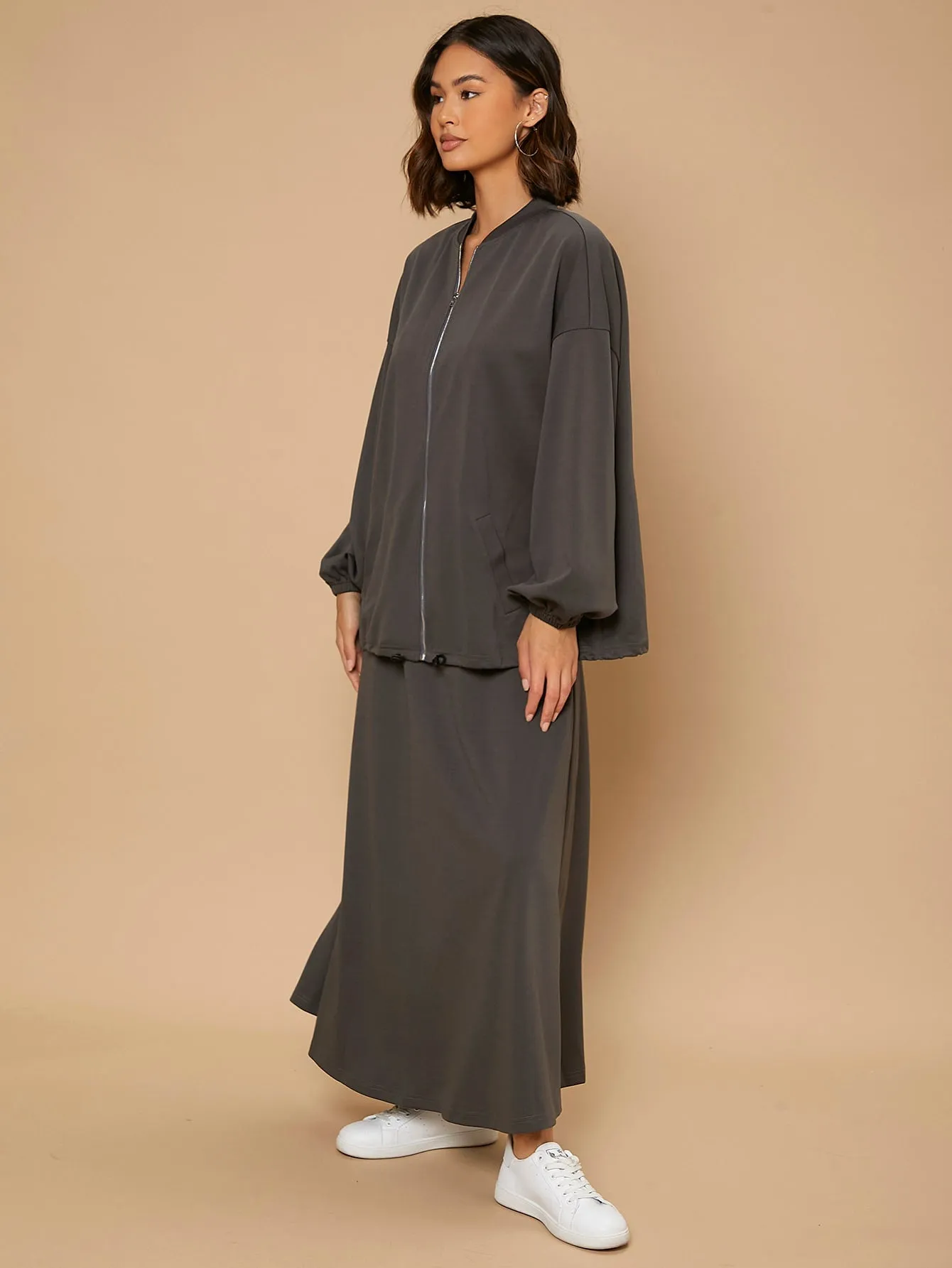 Casual Plain Zipper Long Sleeve Stand Collar Women Two-Piece Outfits