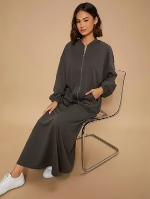 Casual Plain Zipper Long Sleeve Stand Collar Women Two-Piece Outfits