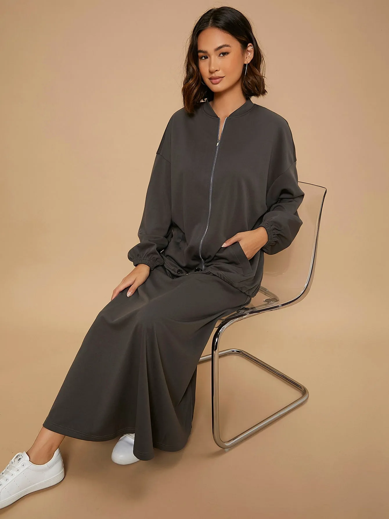Casual Plain Zipper Long Sleeve Stand Collar Women Two-Piece Outfits
