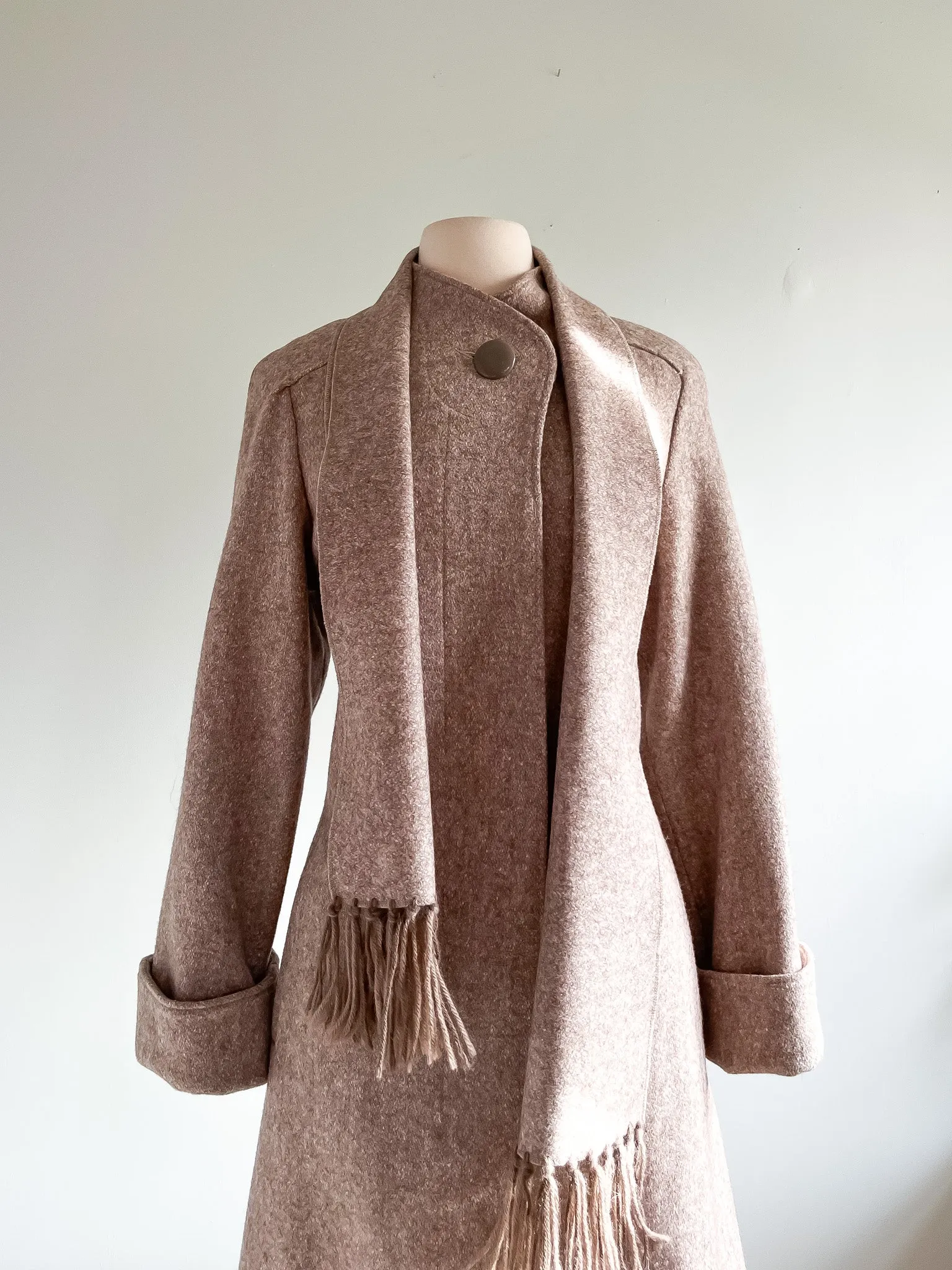 Chic 1970's Brown Wool Coat With Attached Scarf  / Medium