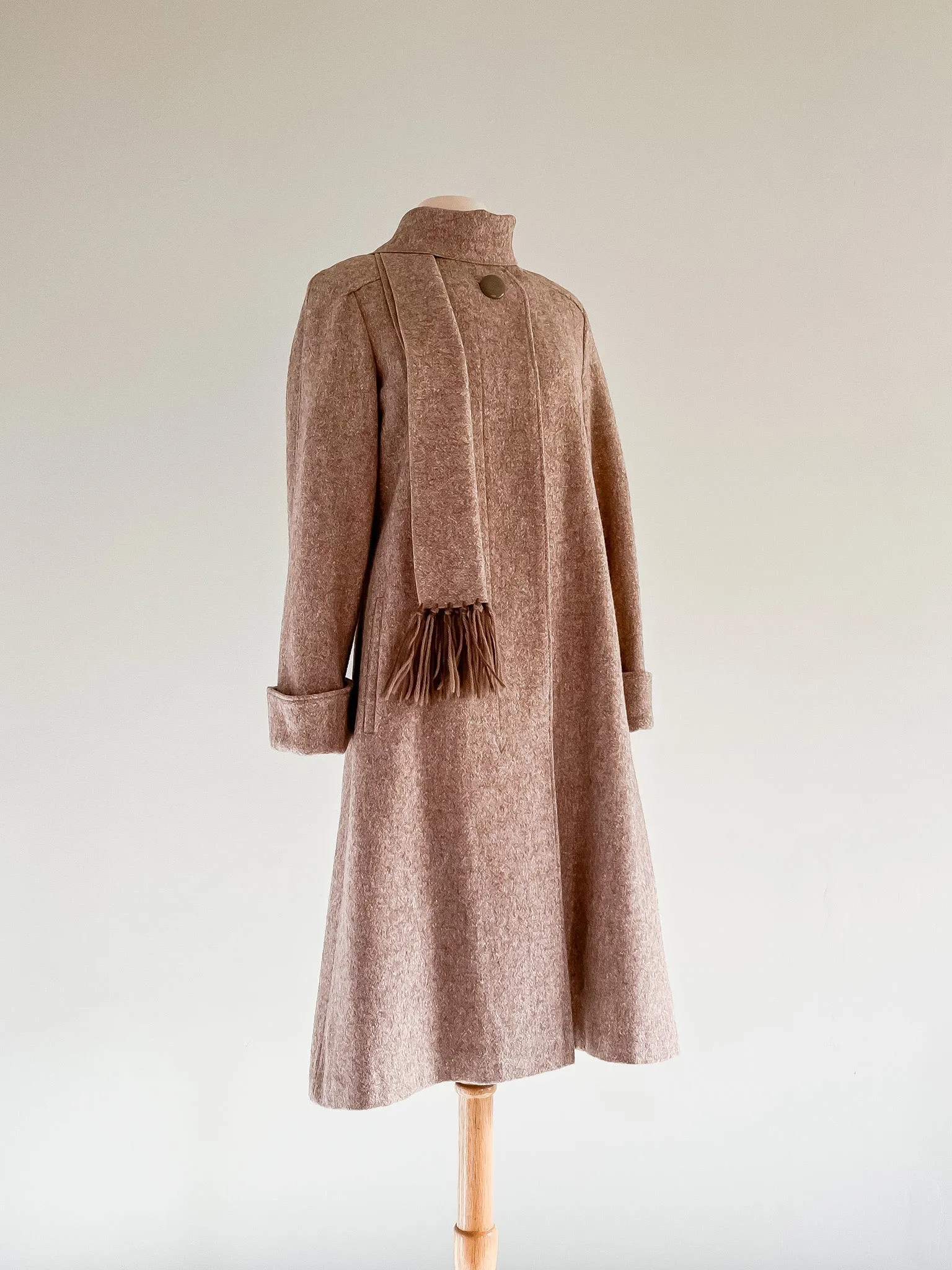 Chic 1970's Brown Wool Coat With Attached Scarf  / Medium