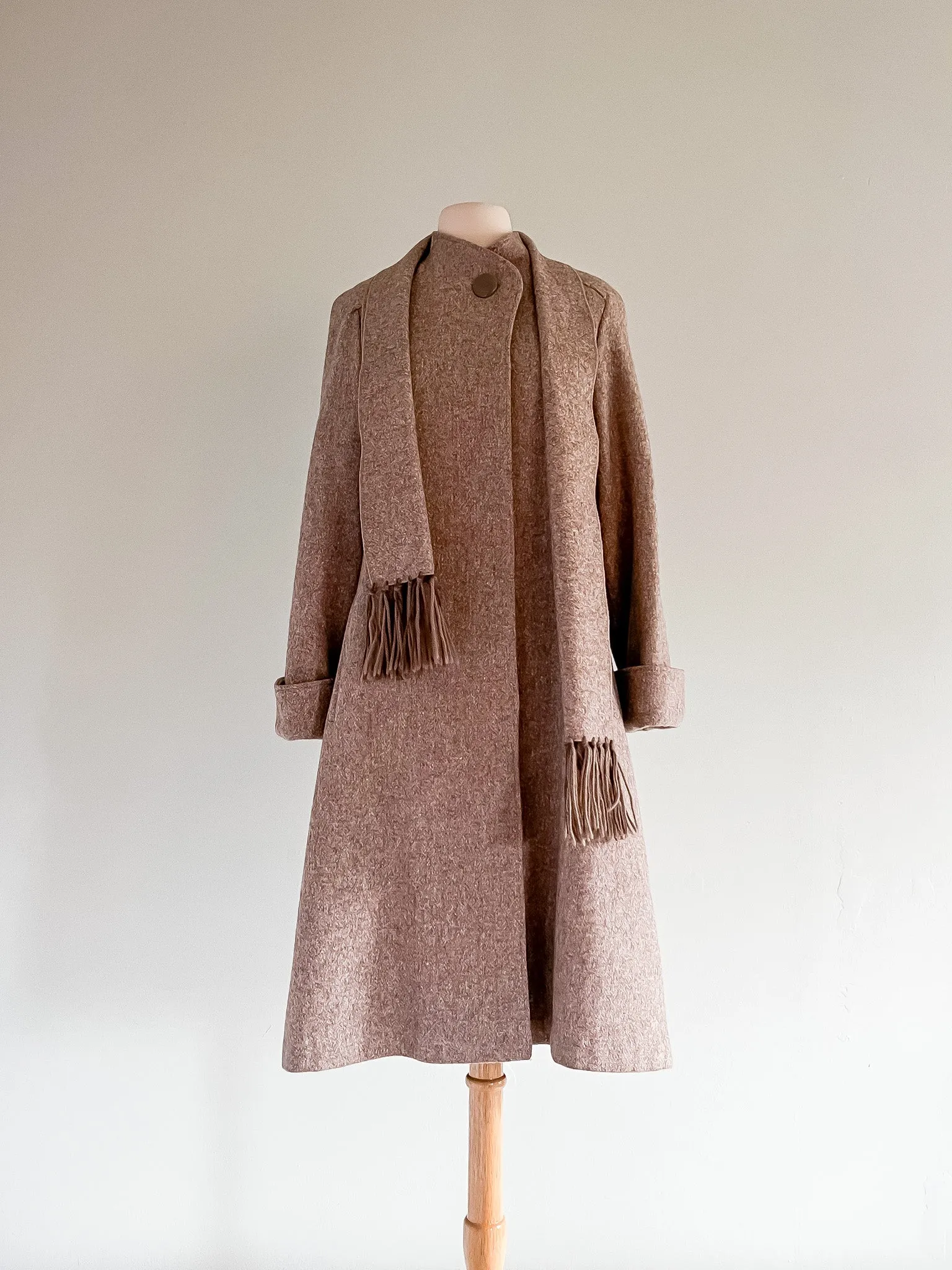 Chic 1970's Brown Wool Coat With Attached Scarf  / Medium
