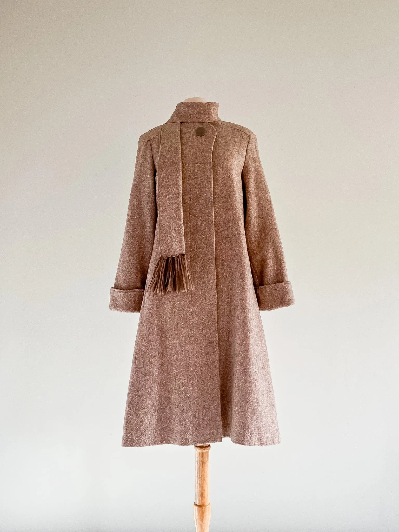 Chic 1970's Brown Wool Coat With Attached Scarf  / Medium