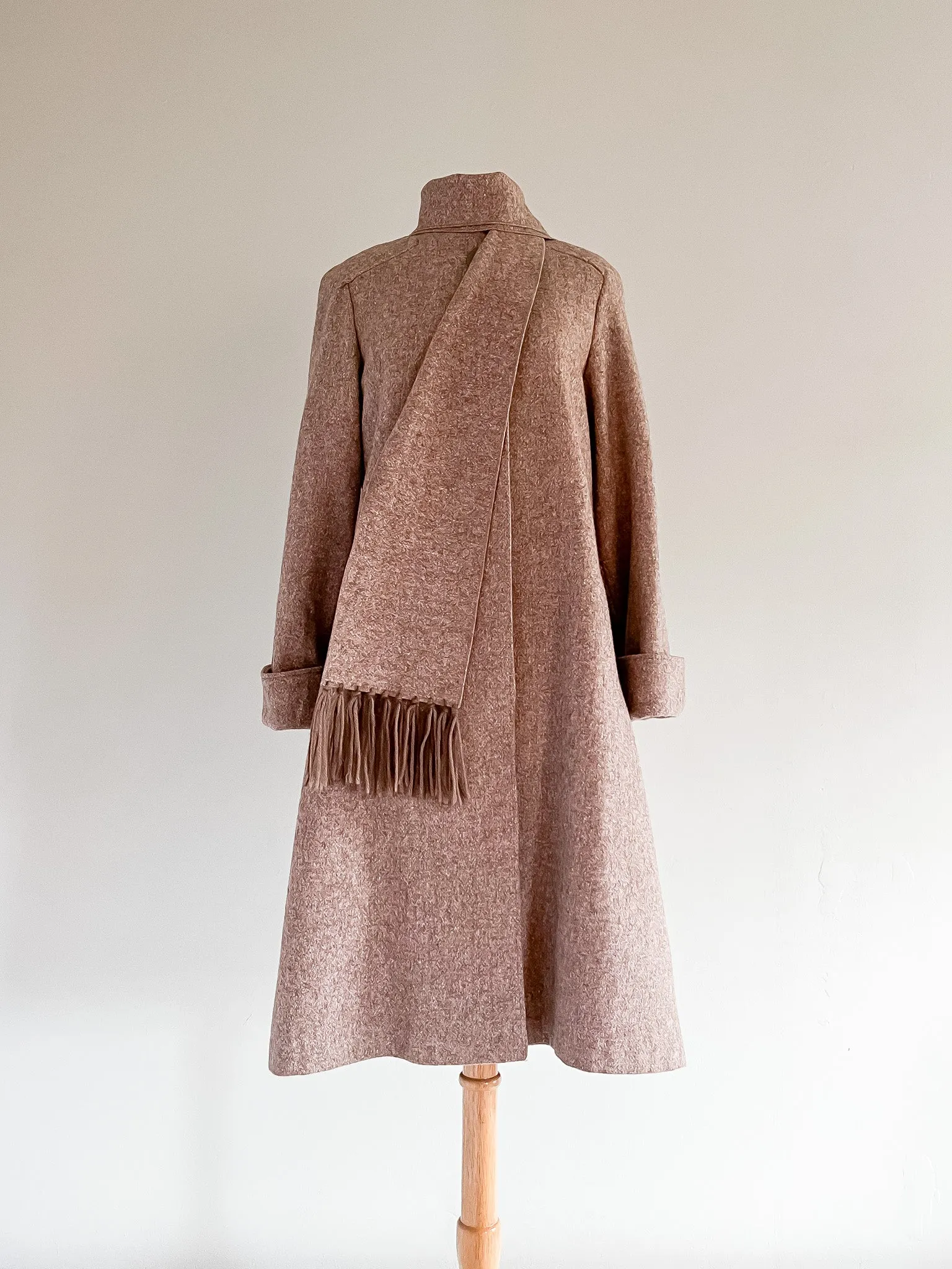 Chic 1970's Brown Wool Coat With Attached Scarf  / Medium