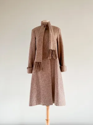 Chic 1970's Brown Wool Coat With Attached Scarf  / Medium
