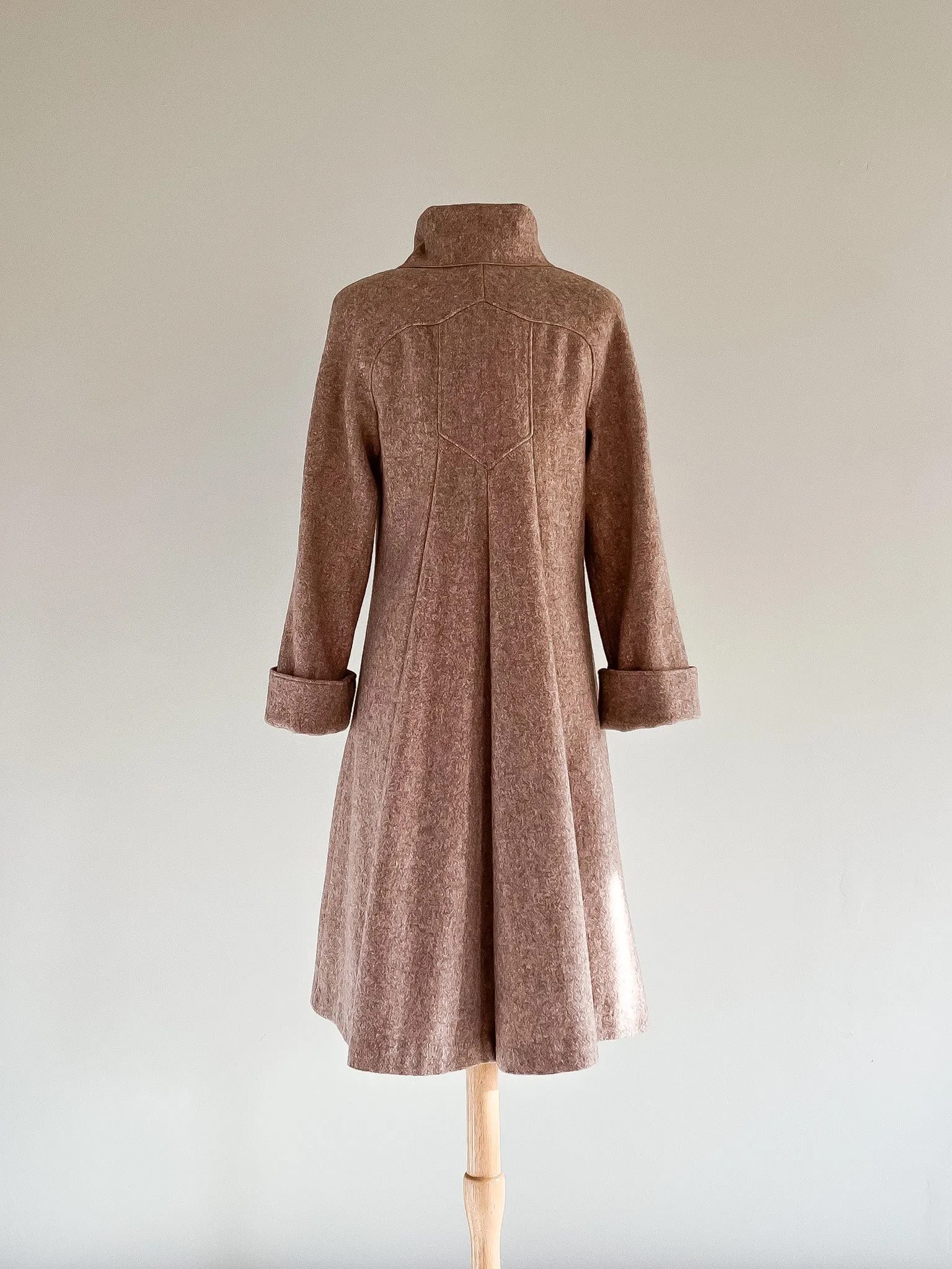 Chic 1970's Brown Wool Coat With Attached Scarf  / Medium