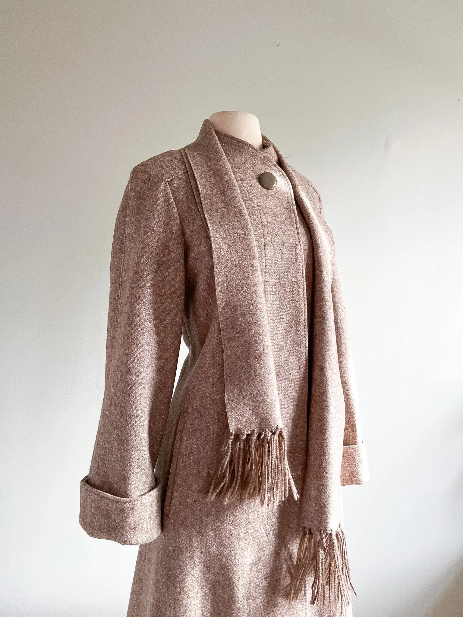Chic 1970's Brown Wool Coat With Attached Scarf  / Medium
