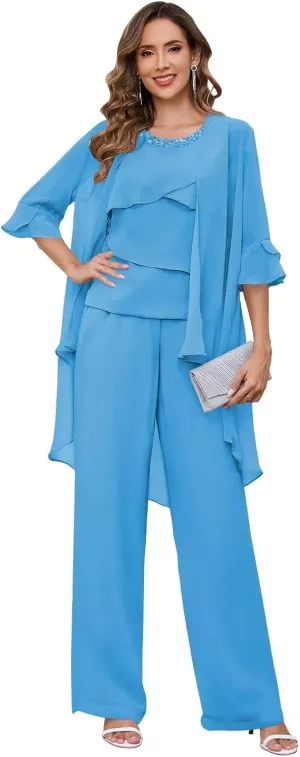 Chiffon Mother of The Bride Pant Suits for Women with Sleeves 3 Pieces Ruffle Layers Crew Neck Evening Outfit