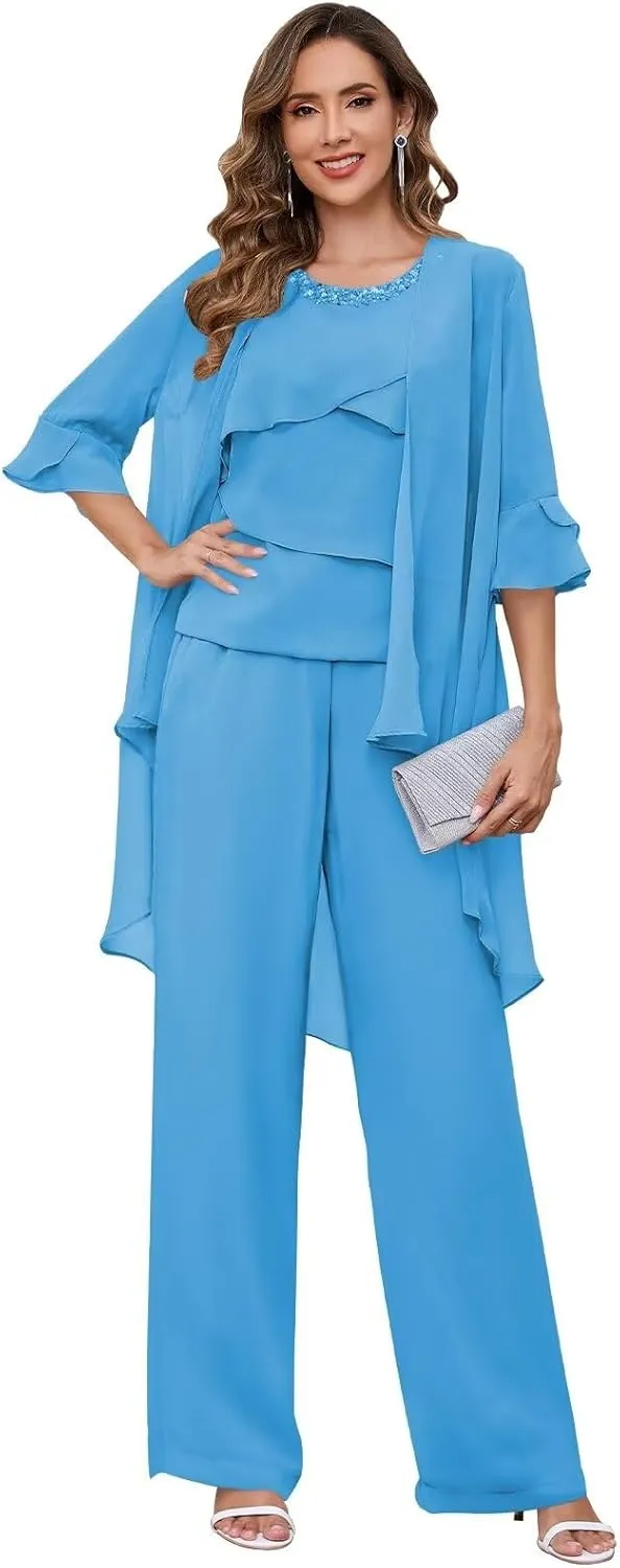Chiffon Mother of The Bride Pant Suits for Women with Sleeves 3 Pieces Ruffle Layers Crew Neck Evening Outfit