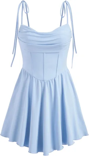 CIDER Womens Cowl Neck Tie up Mini Dresses Sleeveless Ruched A Line Corset Short Formal Party Wedding Guest Club Dress
