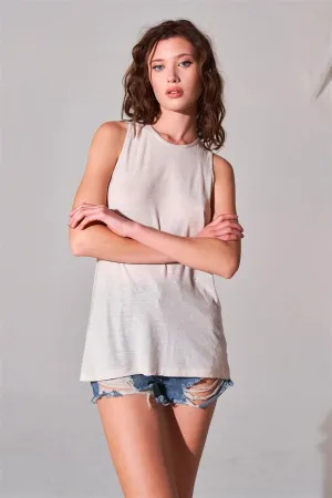 Clay Sleeveless Crew Neck Cut-Out Back Detail Longline Tank Top /1-2-3