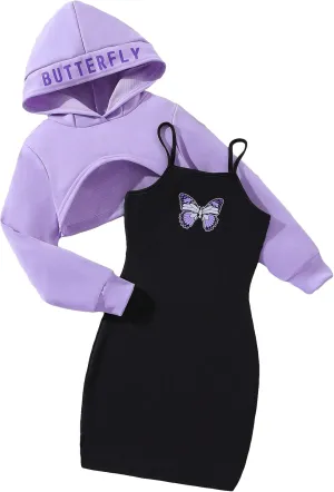 COZYEASE Girls' 2 Piece Outfits High Low Hem Long Sleeve Crop Hooded Sweatshirt and Graphic Print Cami Dress