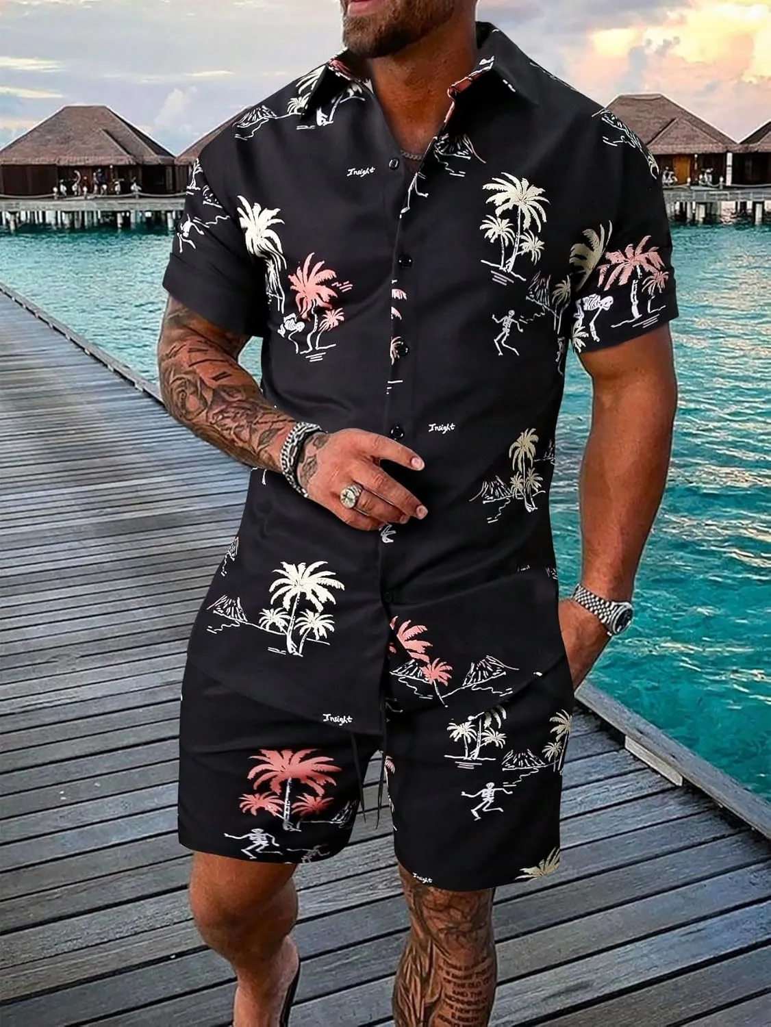 COZYEASE Men's 2 Piece Hawaiian Outfits Short Sleeve Button Down Shirt and Shorts Set Beach Tracksuits