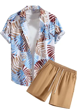 COZYEASE Men's 2 Piece Hawaiian Outfits Short Sleeve Button Down Shirt and Shorts Set Beach Tracksuits