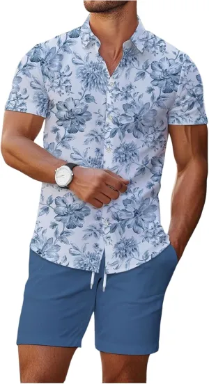 COZYEASE Men's 2 Piece Hawaiian Outfits Short Sleeve Button Down Shirt and Shorts Set Beach Tracksuits