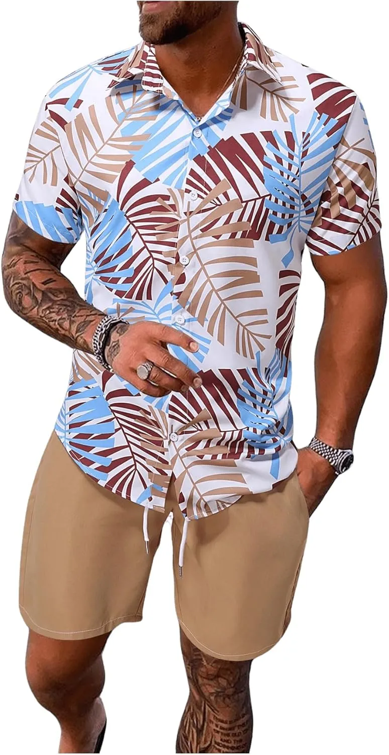 COZYEASE Men's 2 Piece Hawaiian Outfits Short Sleeve Button Down Shirt and Shorts Set Beach Tracksuits