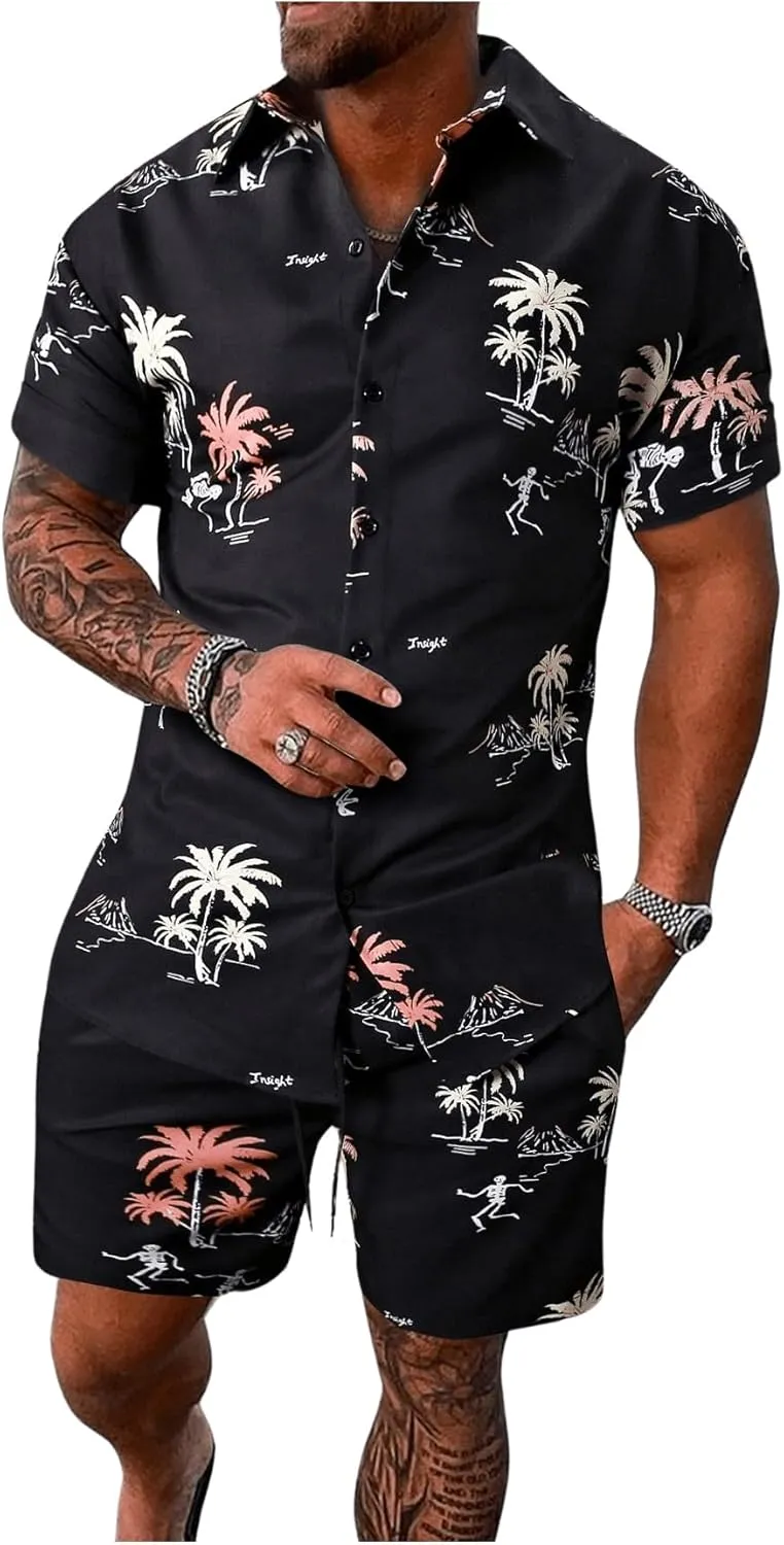 COZYEASE Men's 2 Piece Hawaiian Outfits Short Sleeve Button Down Shirt and Shorts Set Beach Tracksuits