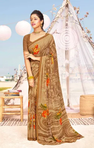Designer Brown Georgette Printed Saree for Casual Wear (D406)(Deal)