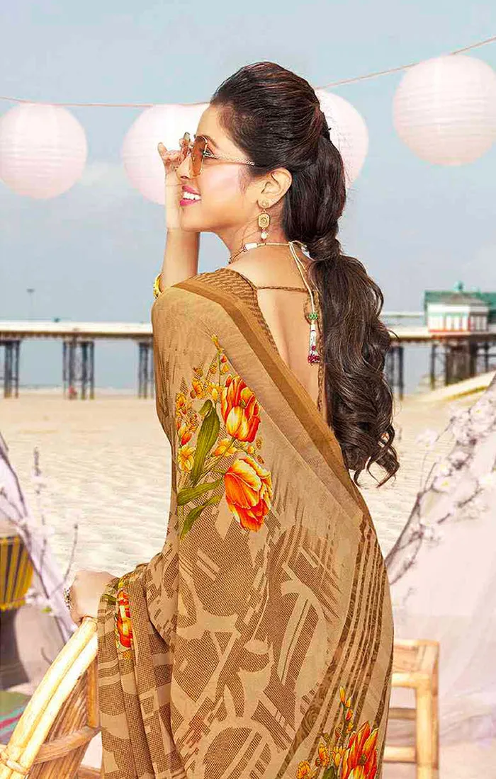 Designer Brown Georgette Printed Saree for Casual Wear (D406)(Deal)