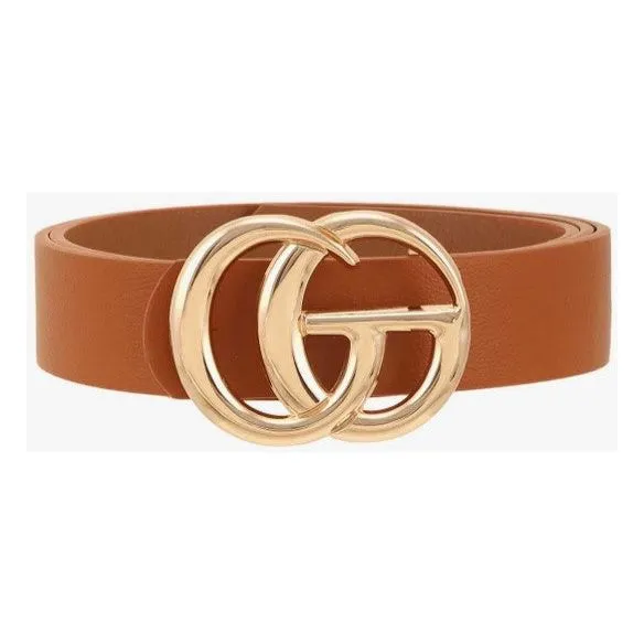 Designer Inspired Faux Leather Belt - Cognac with Gold Buckle