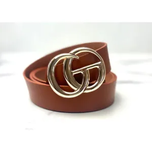 Designer Inspired Faux Leather Belt - Cognac with Gold Buckle