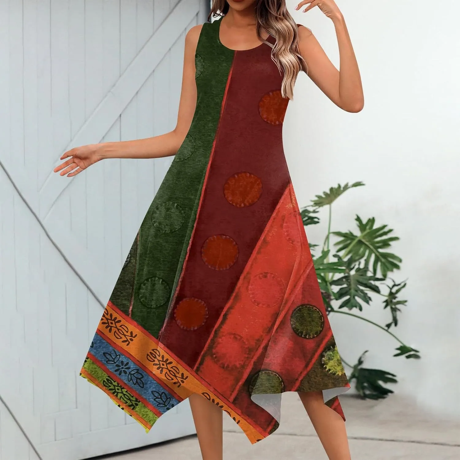 DOPOCQ Summer Dresses for Women 2024 Elegant Print Swing Hem Tank Midi Dresses Casual Plus Size Sleeveless Crewneck Sundress