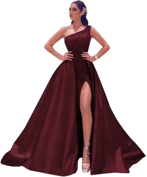 Dymaisei Mermaid Sequin Prom Dresses 2024 Sparkly Satin Formal Dress with Slit One Shoulder Ball Gowns