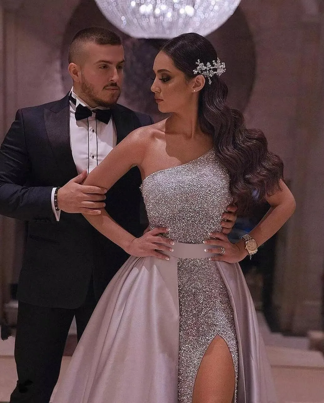 Dymaisei Mermaid Sequin Prom Dresses 2024 Sparkly Satin Formal Dress with Slit One Shoulder Ball Gowns