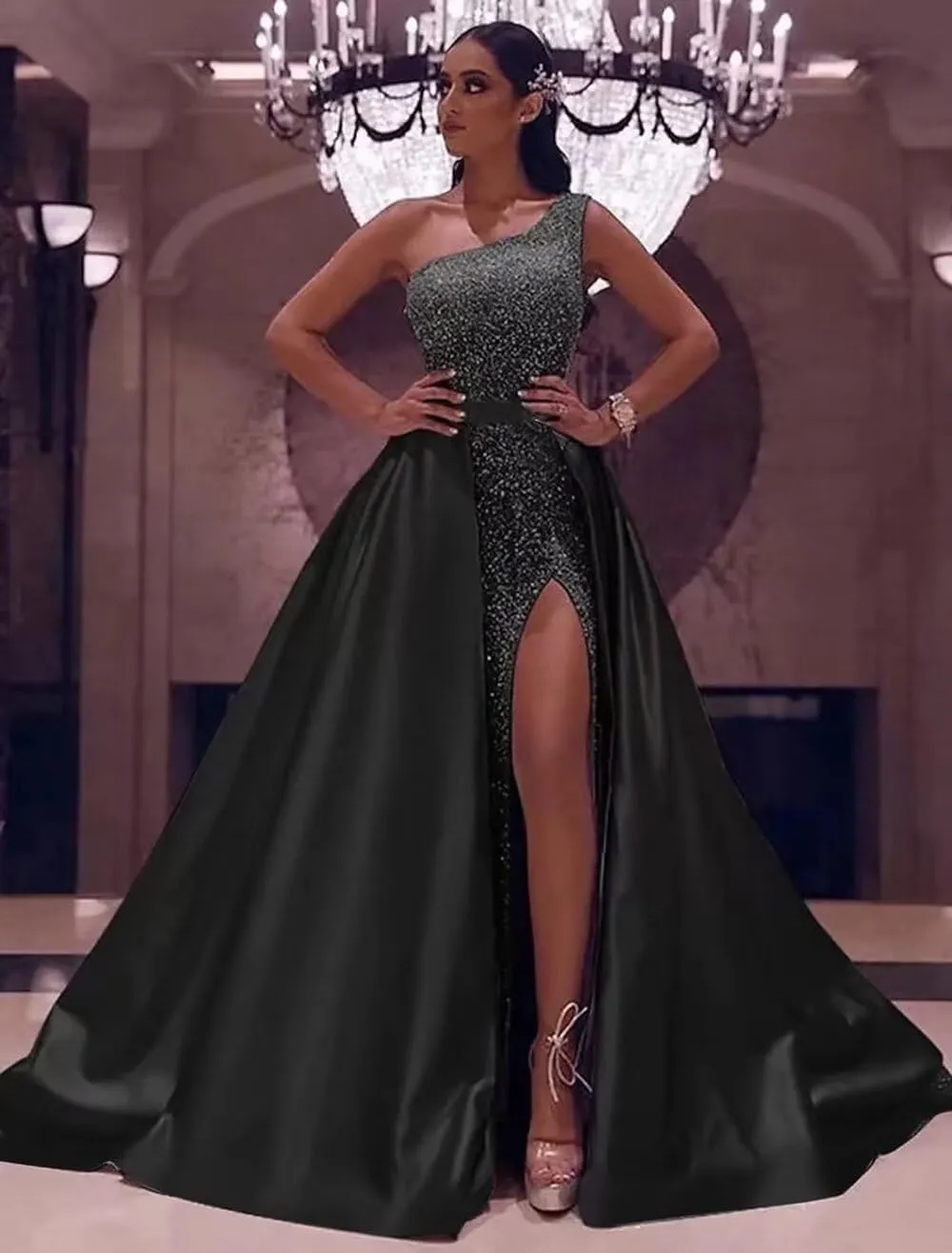 Dymaisei Mermaid Sequin Prom Dresses 2024 Sparkly Satin Formal Dress with Slit One Shoulder Ball Gowns