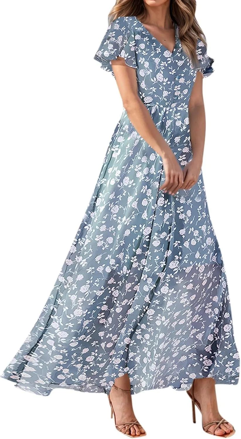 Elegant Dresses for Women 2025 Floral Print Ruffle Short Sleeve A-Line Dress Trendy V Neck High Waist Maxi Dress