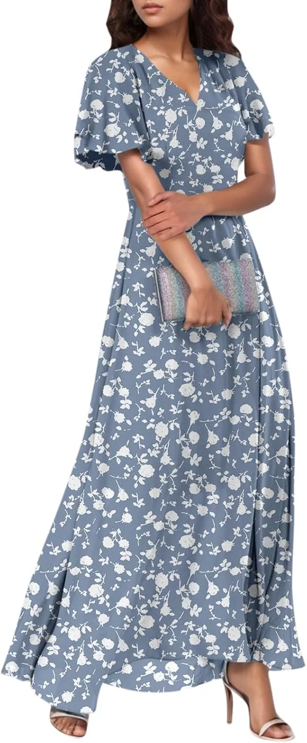 Elegant Dresses for Women 2025 Floral Print Ruffle Short Sleeve A-Line Dress Trendy V Neck High Waist Maxi Dress