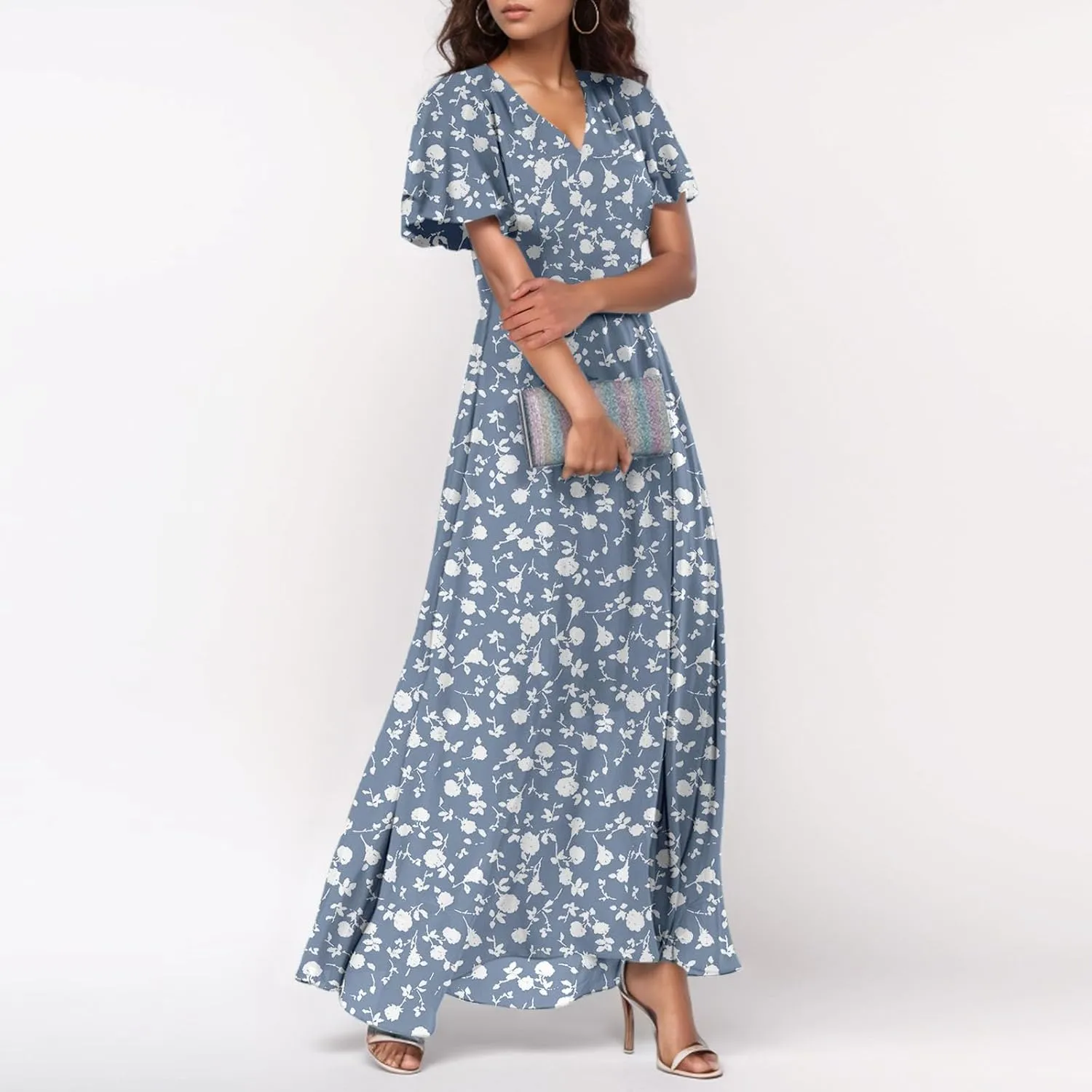 Elegant Dresses for Women 2025 Floral Print Ruffle Short Sleeve A-Line Dress Trendy V Neck High Waist Maxi Dress