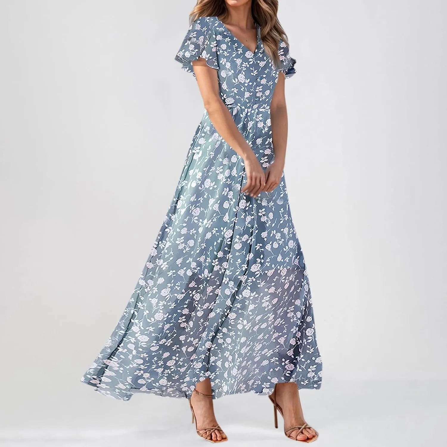 Elegant Dresses for Women 2025 Floral Print Ruffle Short Sleeve A-Line Dress Trendy V Neck High Waist Maxi Dress