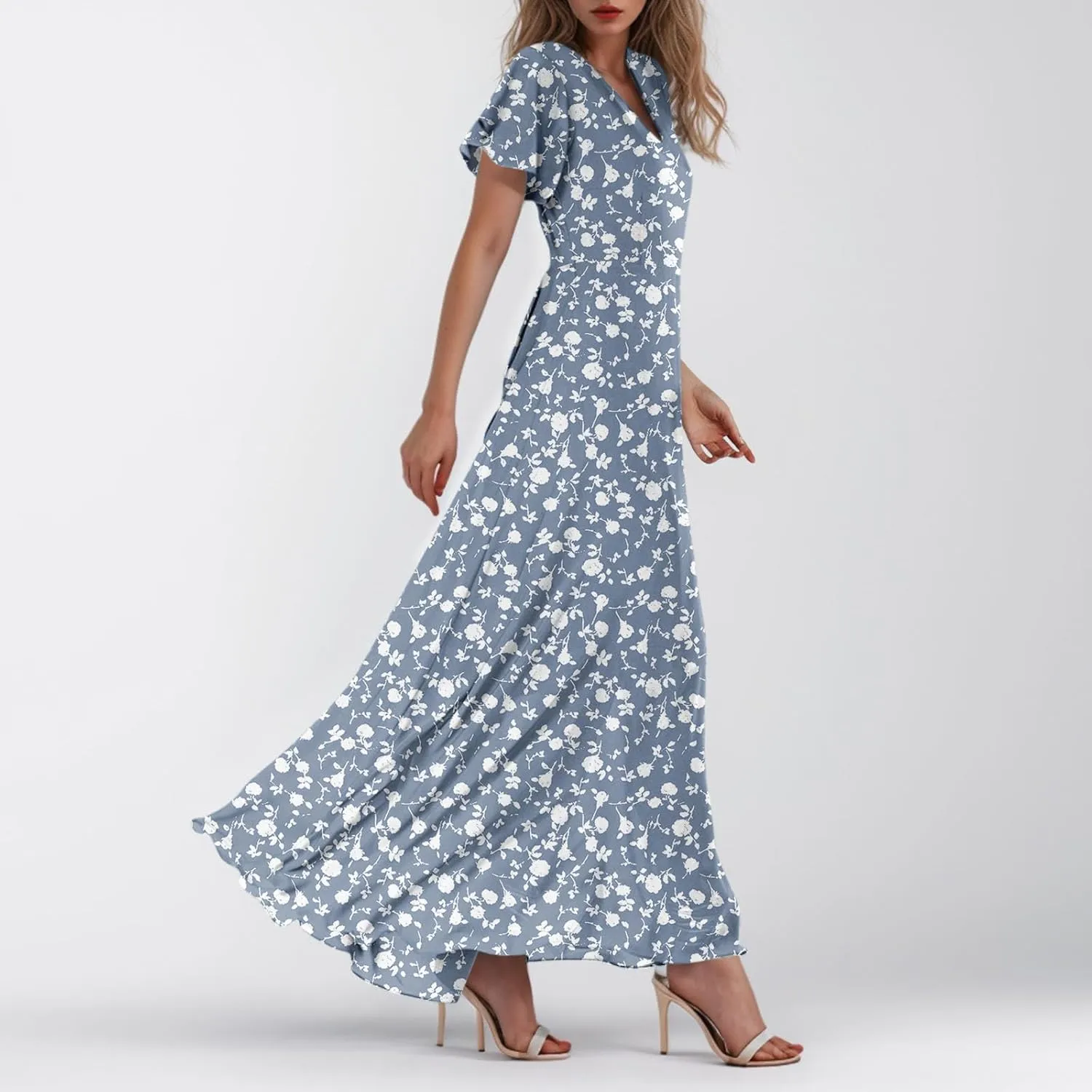 Elegant Dresses for Women 2025 Floral Print Ruffle Short Sleeve A-Line Dress Trendy V Neck High Waist Maxi Dress