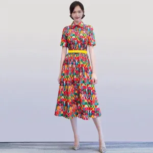 Elegant Dresses For Women Summer New Color Contrast Letter Print Lapel Crimped Women's Dress Fashion Runway Vestidos Robe S4609858
