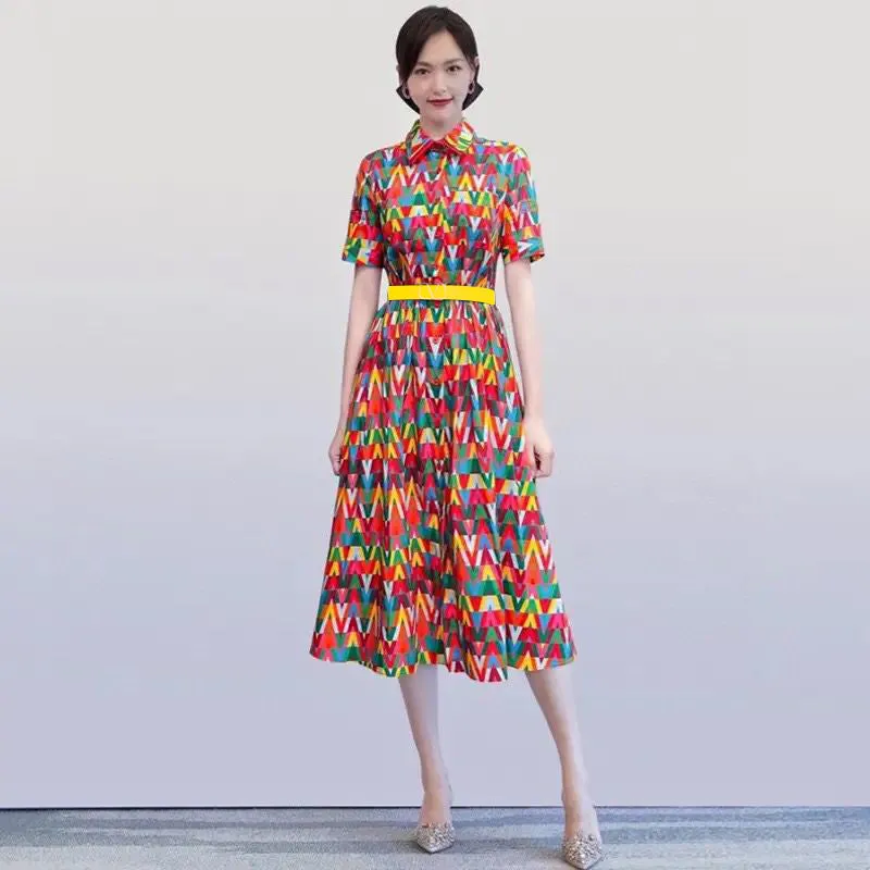 Elegant Dresses For Women Summer New Color Contrast Letter Print Lapel Crimped Women's Dress Fashion Runway Vestidos Robe S4609858
