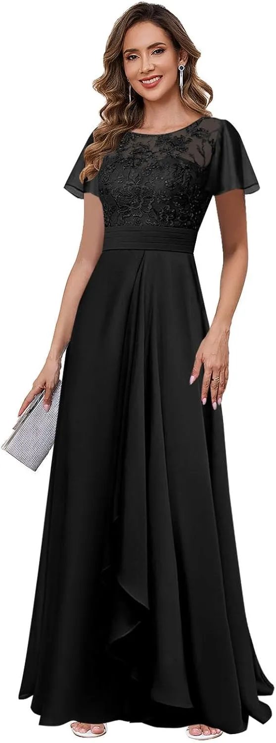 Elegant Mother of The Bride Dresses for Wedding Short Sleeve Lace Chiffon Formal Evening Dress