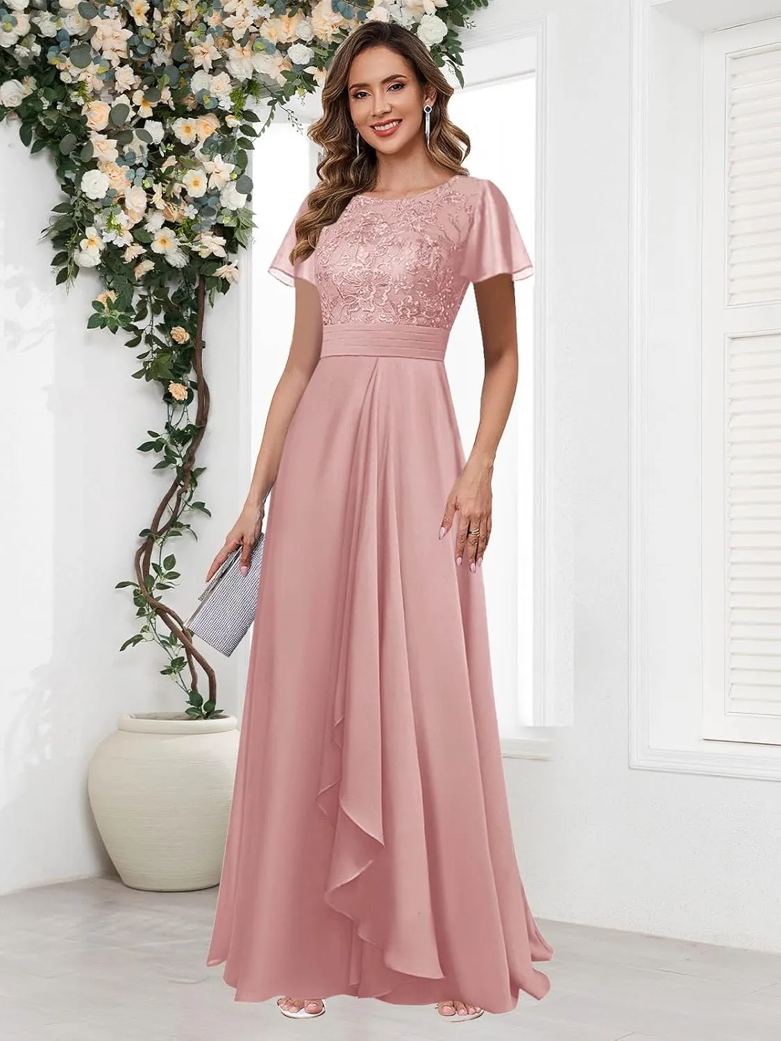 Elegant Mother of The Bride Dresses for Wedding Short Sleeve Lace Chiffon Formal Evening Dress