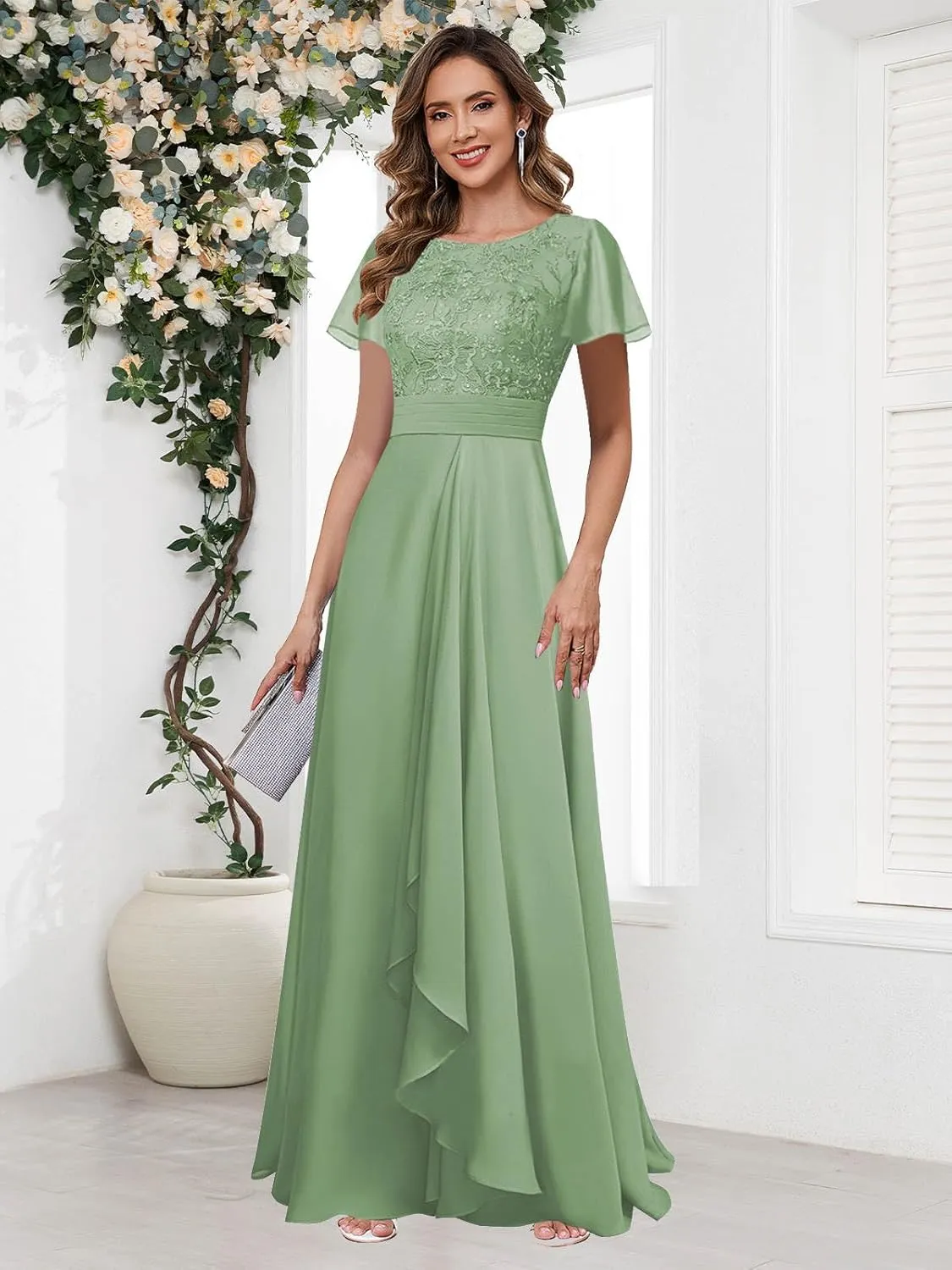 Elegant Mother of The Bride Dresses for Wedding Short Sleeve Lace Chiffon Formal Evening Dress