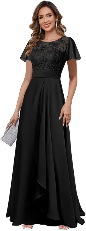Elegant Mother of The Bride Dresses for Wedding Short Sleeve Lace Chiffon Formal Evening Dress