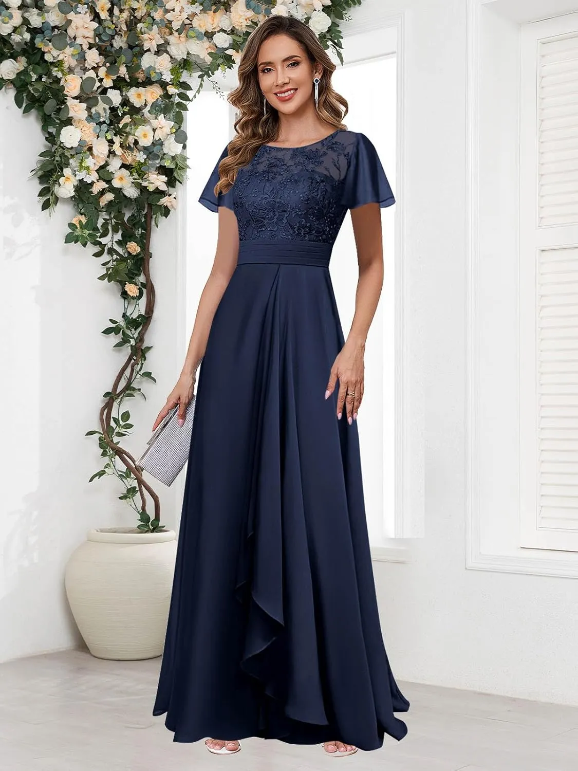 Elegant Mother of The Bride Dresses for Wedding Short Sleeve Lace Chiffon Formal Evening Dress