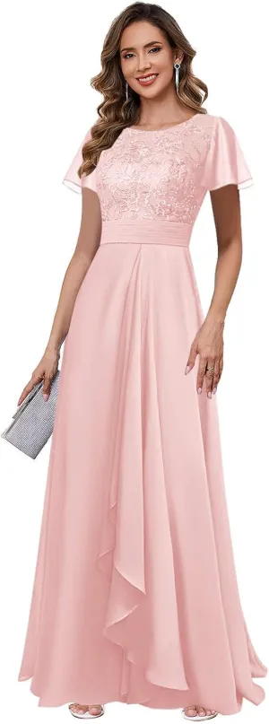 Elegant Mother of The Bride Dresses for Wedding Short Sleeve Lace Chiffon Formal Evening Dress